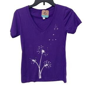 Upcycled Hand Printed Womens Small Dandelion Wish Short Sleeve V Neck Tee Shirt